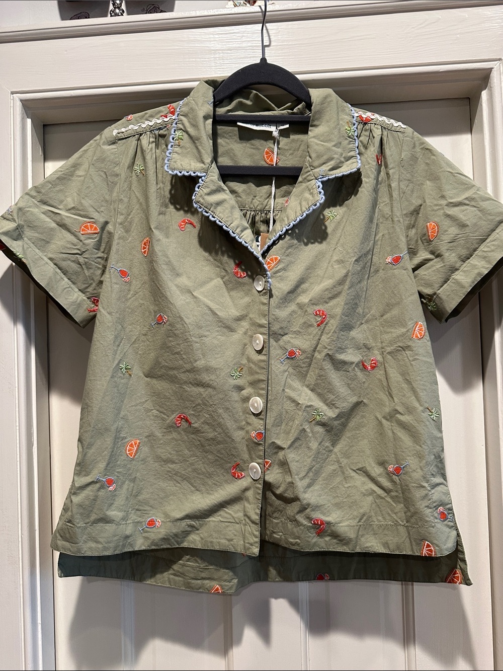 Roller Rabbit Olive Green Embroidered Fruit Button-Front Blouse
